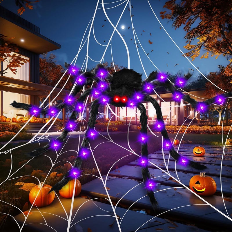 Thuodo 6.6 FT Giant Spider Halloween Decorations Light Up Scary Spider with Red LED Eyes Purple Lights for Yard Lawn Garden Porch Halloween Party Haunted House Indoor Outdoor Decor - Image 4